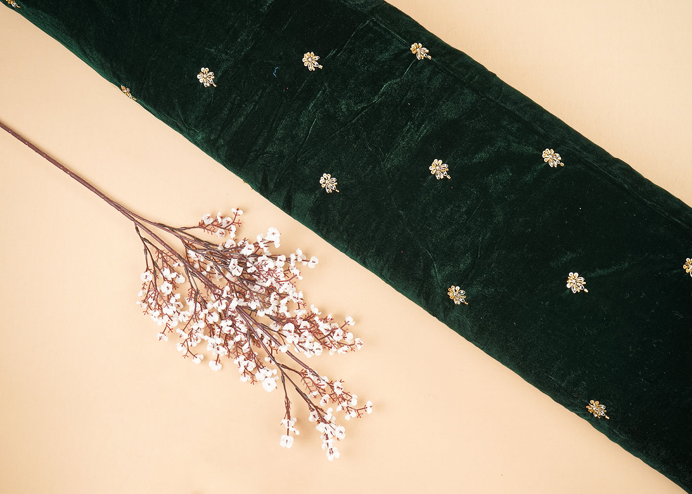 Bottle Green Velvet Fabric With All Over Buti Of Katdana, Sequins And Zari 20601