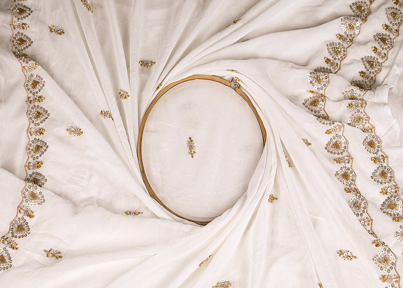 White Georgette Fabric With All Over Katdana, Zari, Bead And Sequins Work With Two Side Border 20606