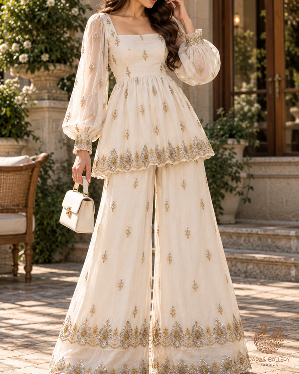 White Dyeable Georgette Fabric With All Over Katdana, Zari, Bead And Sequins Work With Two Side Border 20606