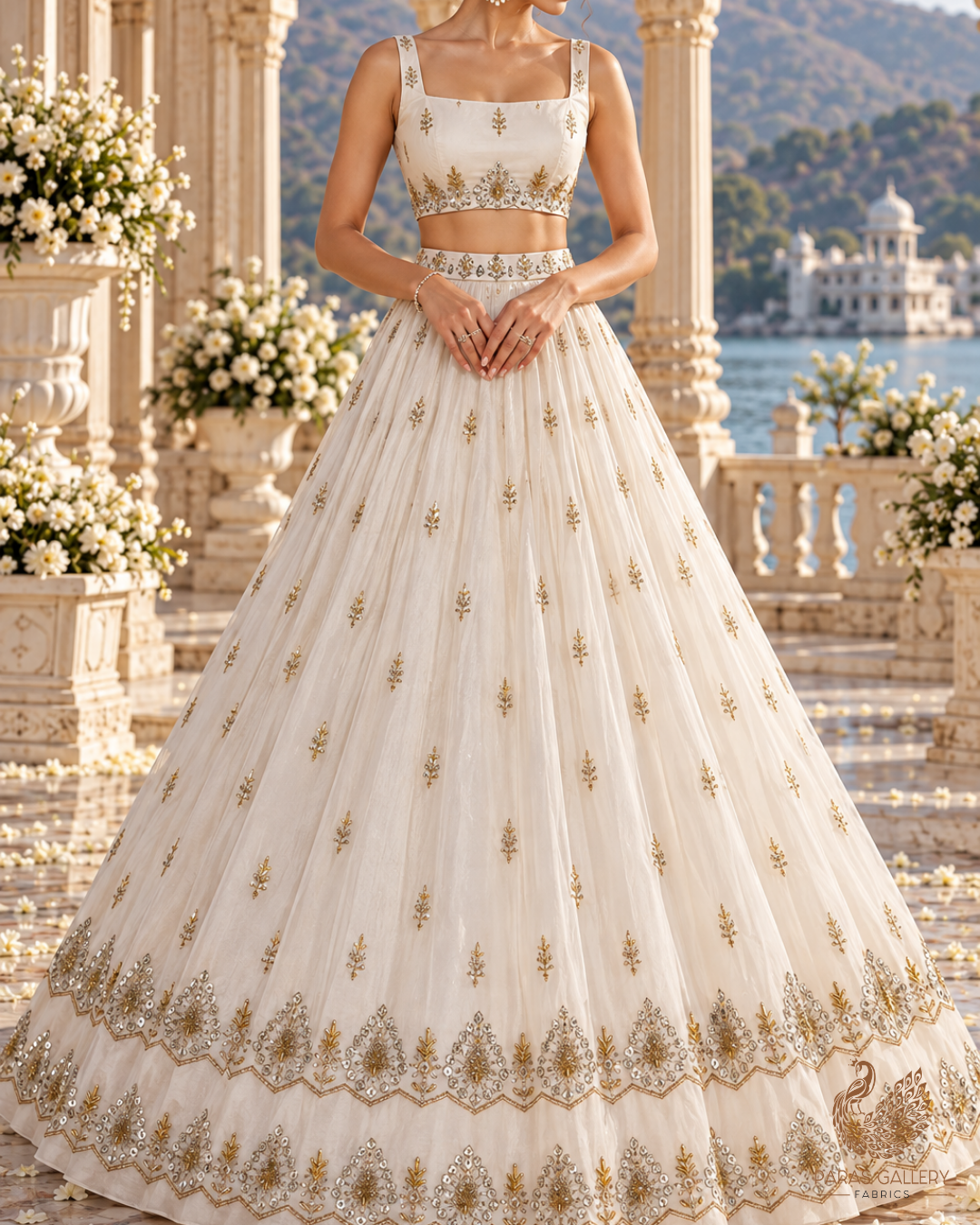 White Dyeable Georgette Fabric With All Over Katdana, Zari, Bead And Sequins Work With Two Side Border 20606