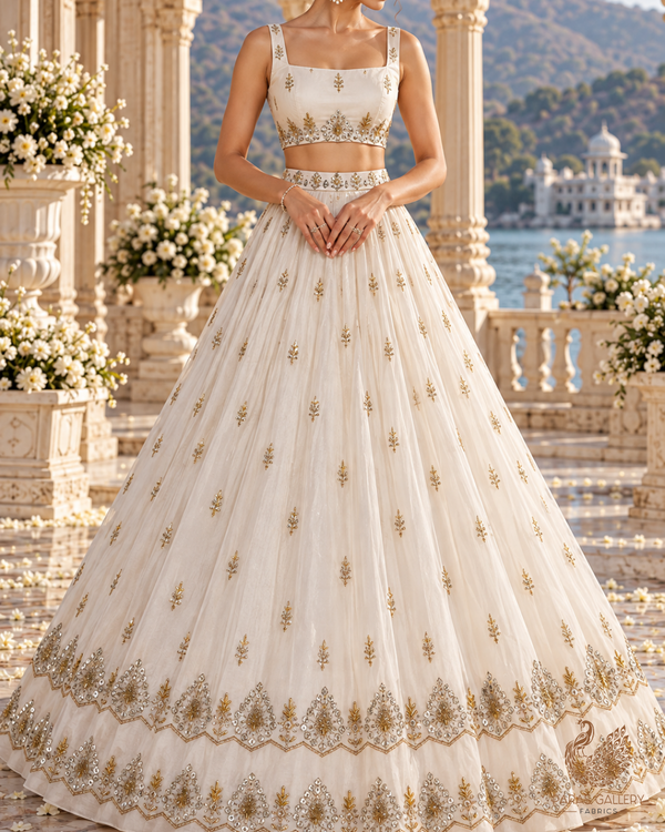 White Dyeable Georgette Fabric With All Over Katdana, Zari, Bead And Sequins Work With Two Side Border 20606