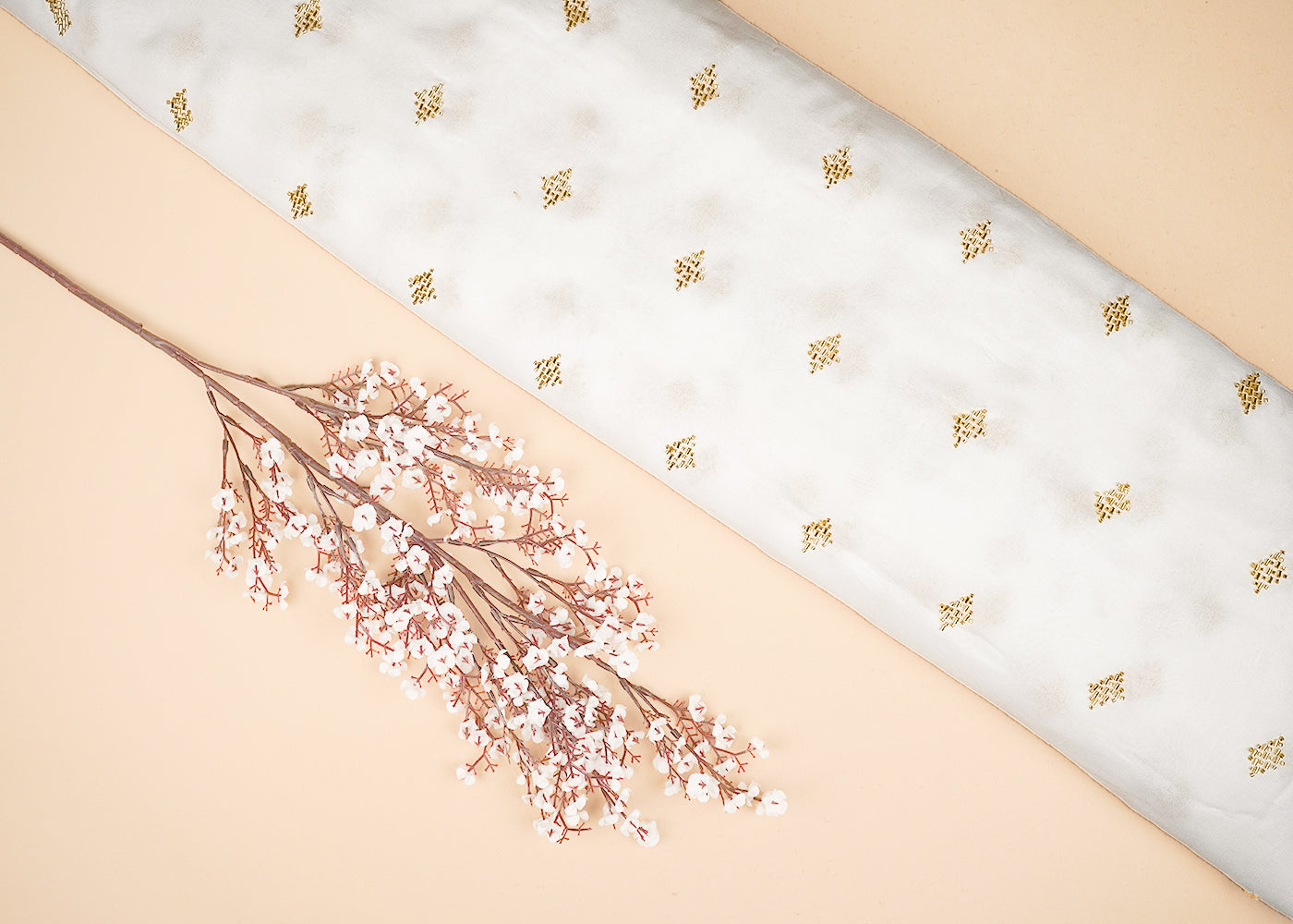 White Georgette Fabric With All Over Buti Of Katdana And Bead 20608