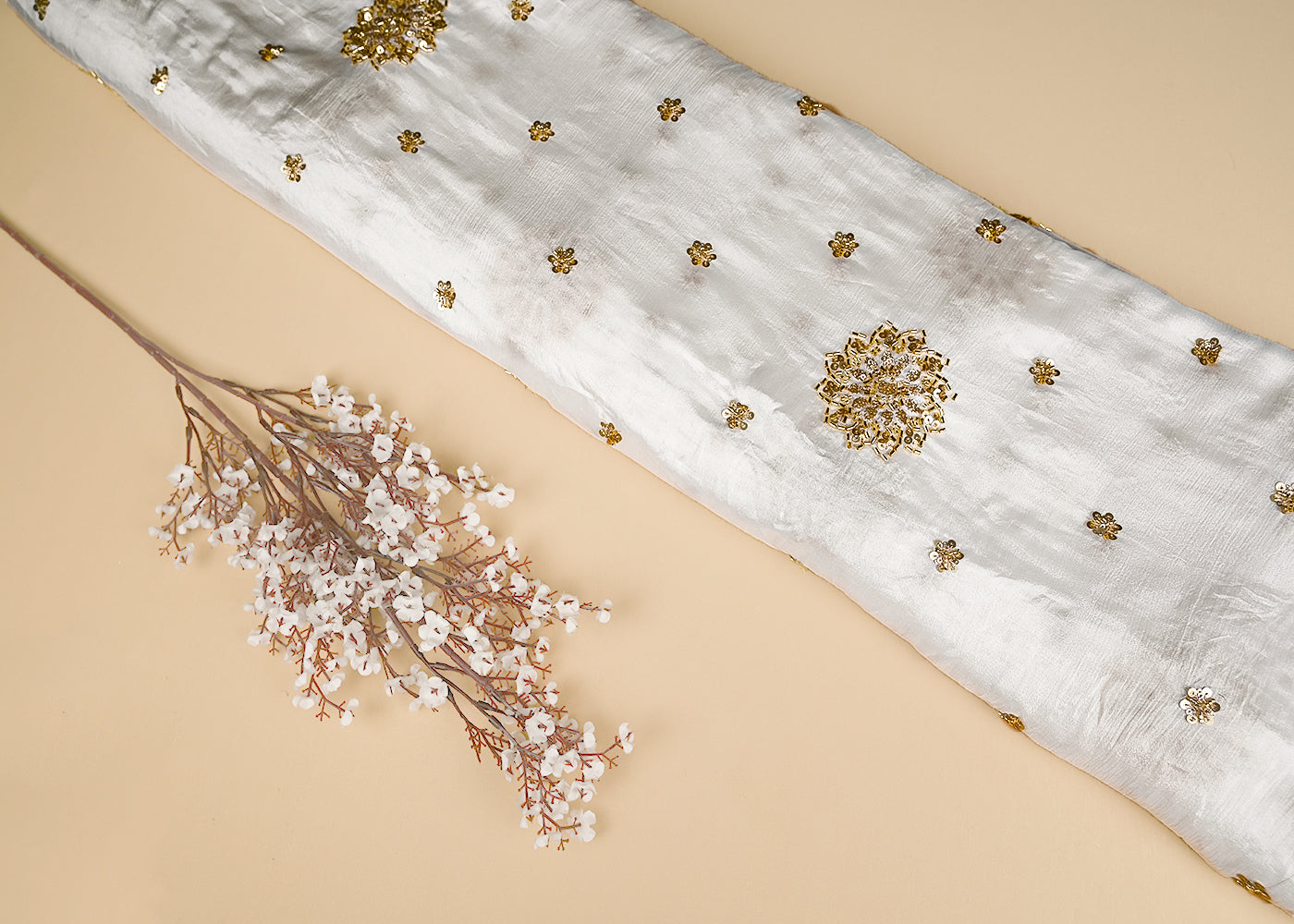 White Chinon Chiffon Fabric With All Over Sequins, Katdana And Bead Work   20609