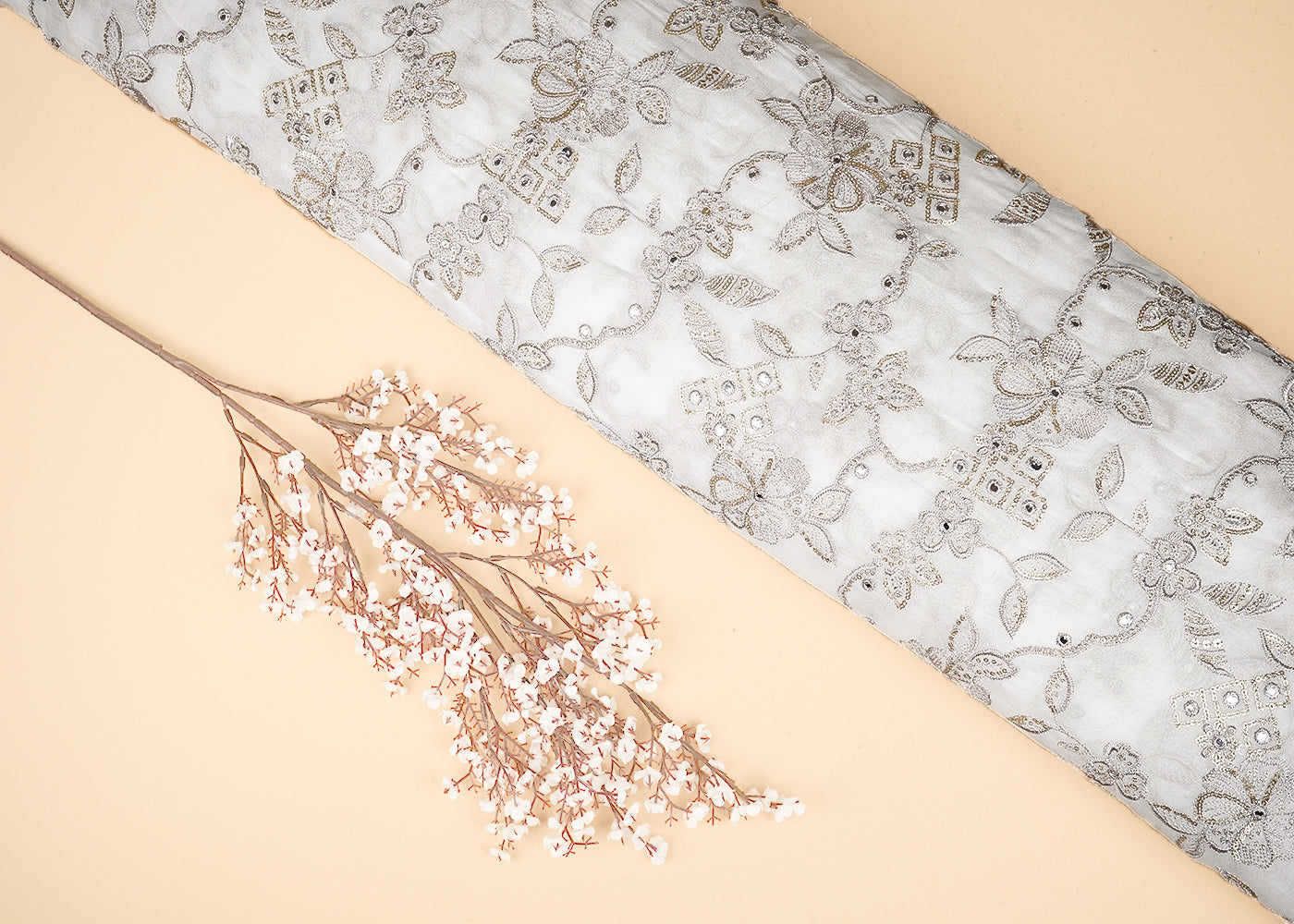 White Georgette Fabric With All Over Zari, Faux Mirror And Sequins 20612