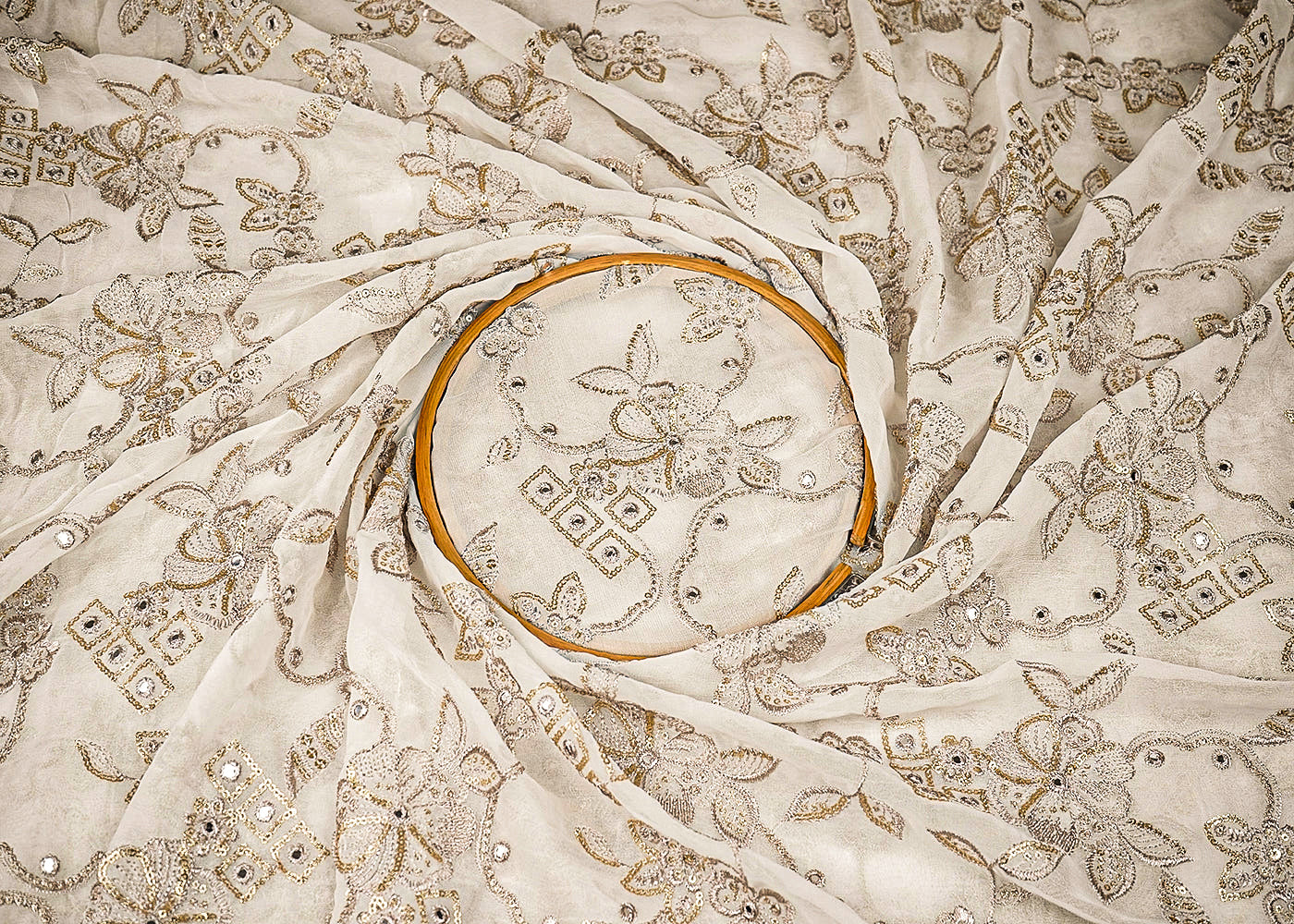 White Dyeable Georgette Fabric With All Over Zari, Faux Mirror And Sequins 20612