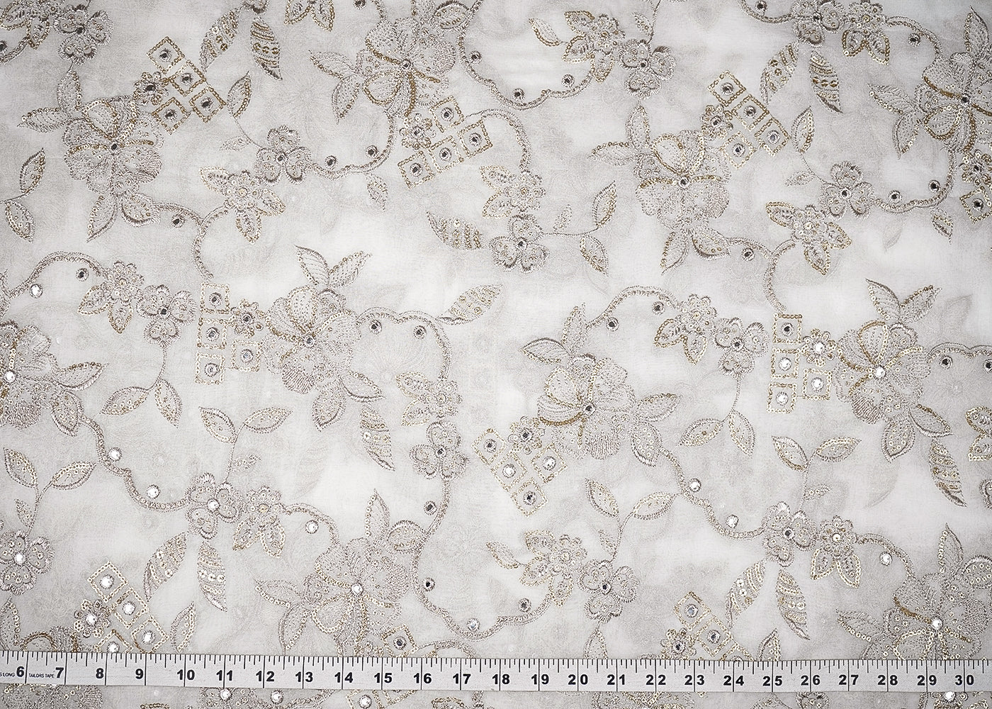 White Georgette Fabric With All Over Zari, Faux Mirror And Sequins 20612