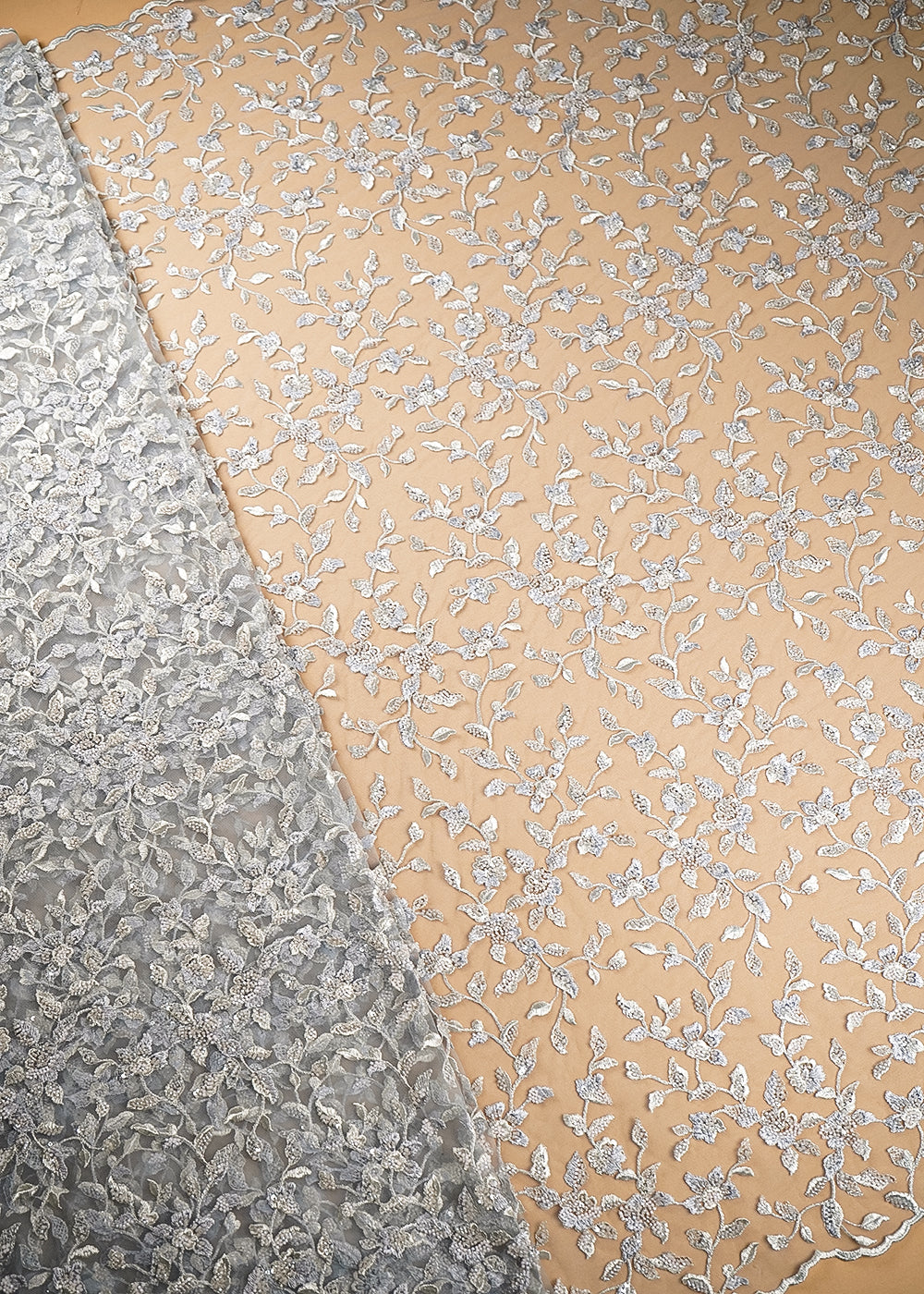 Grey Imported Net Fabric With All Over Thread, Bead And Sequins With Two Side Scalloped Edges 20615