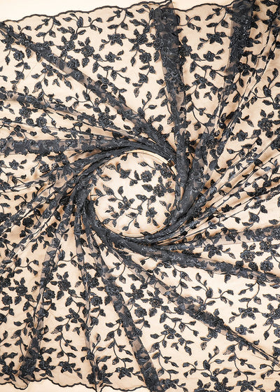 Black Imported Net Fabric With All Over Thread, Bead And Sequins With Two Side Scalloped Edges 20616