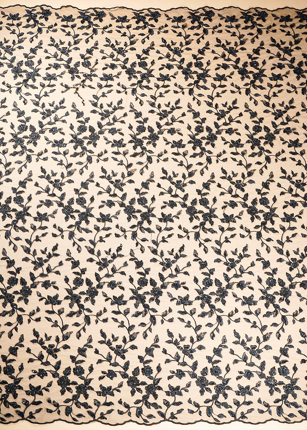 Black Imported Net Fabric With All Over Thread, Bead And Sequins With Two Side Scalloped Edges 20616