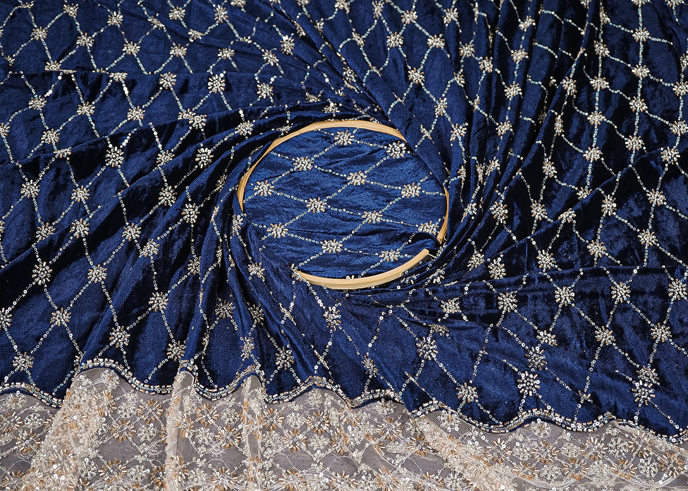 Navy Blue Velvet Fabric With All Over Buti Of Katdana, Pearl And Bead With One Side Border 20618