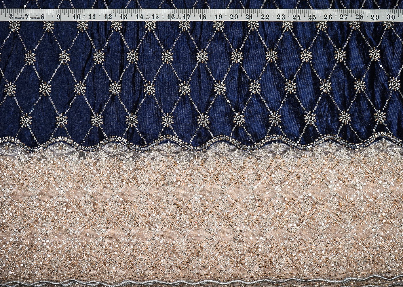 Navy Blue Velvet Fabric With All Over Buti Of Katdana, Pearl And Bead With One Side Border 20618