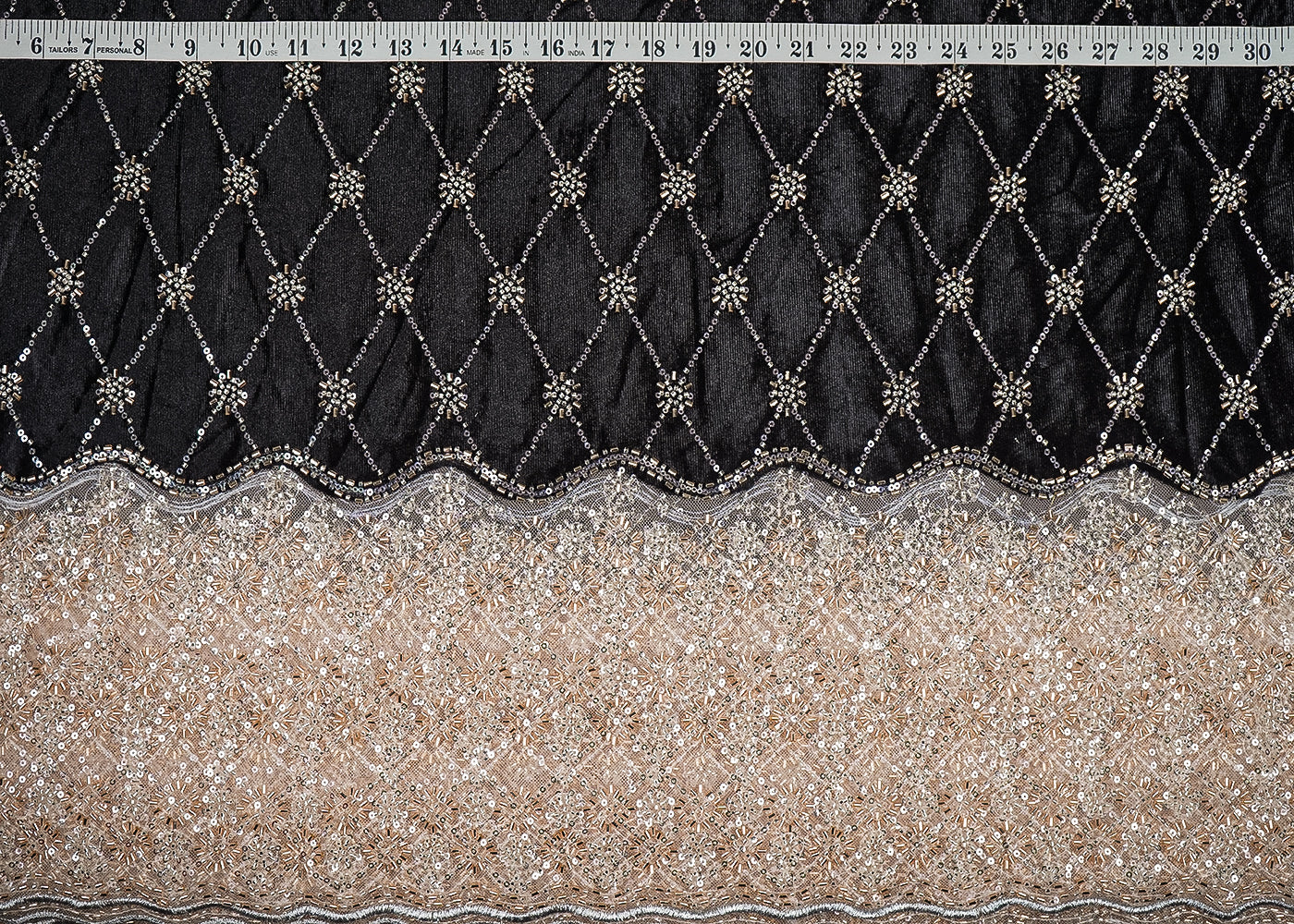 Black Velvet Fabric With All Over Buti Of Katdana, Pearl And Bead With One Side Border 20619