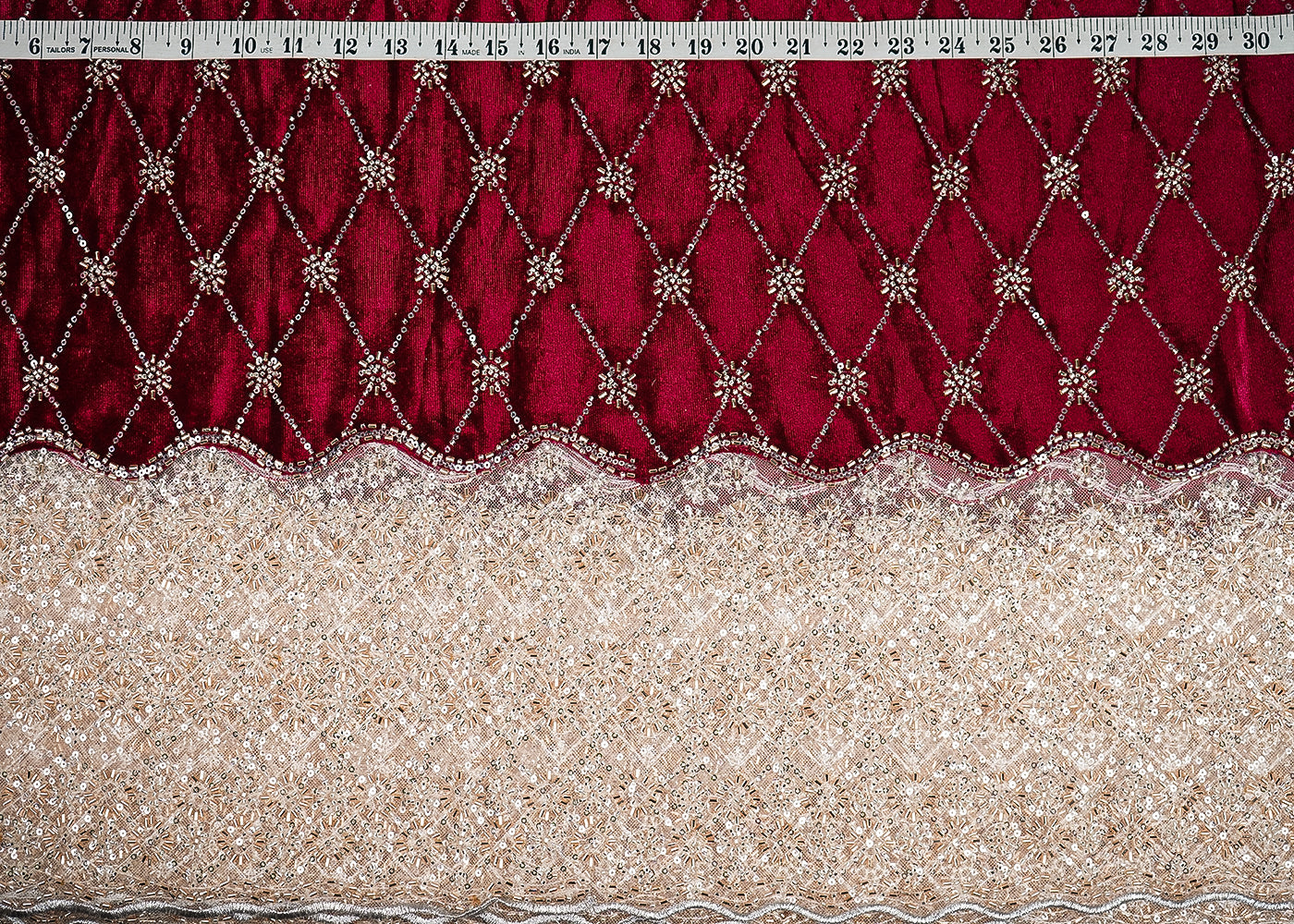 Wine Velvet Fabric With All Over Buti Of Katdana, Pearl And Bead With One Side Border 20620