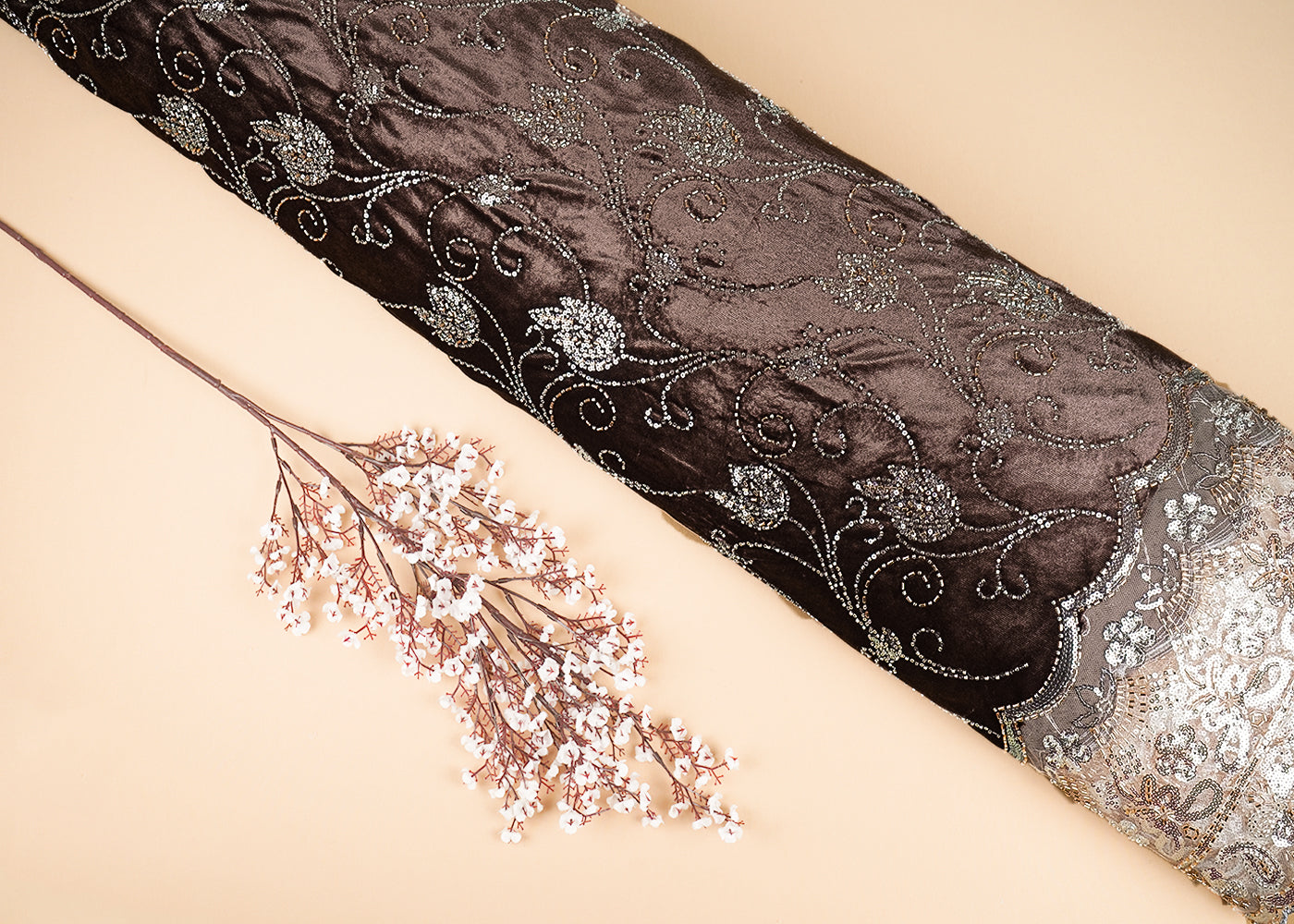 Coffee Velvet Fabric With All Over Buti Of Katdana And Bead With One Side Border 20621