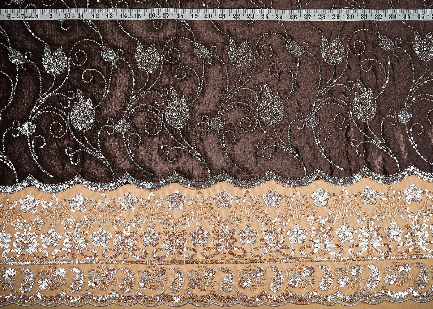 Coffee Velvet Fabric With All Over Buti Of Katdana And Bead With One Side Border 20621