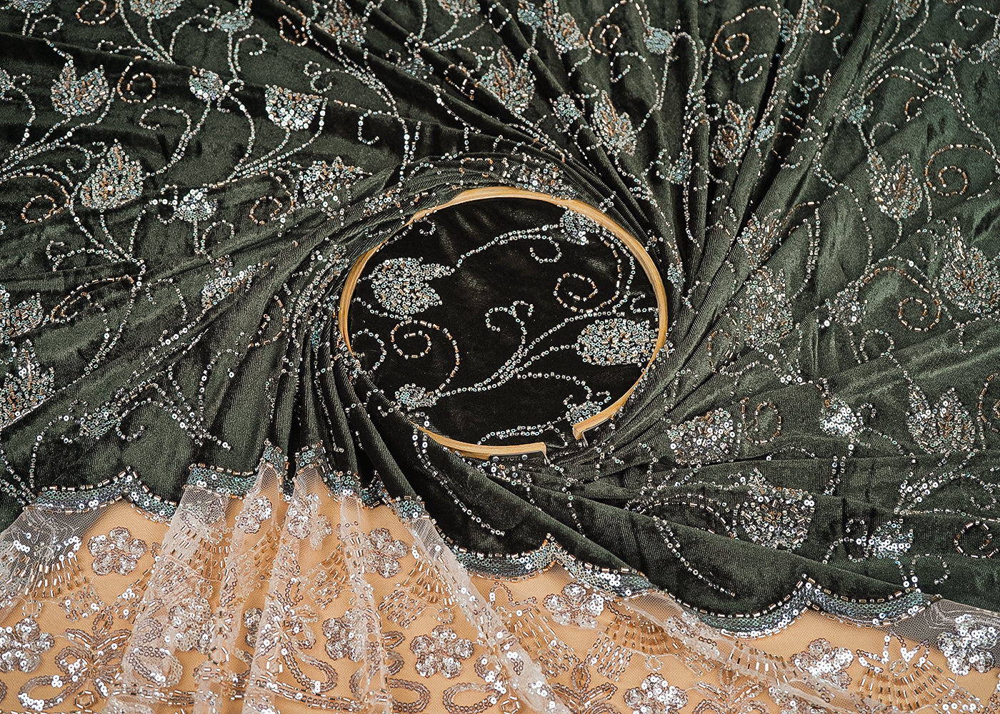 Mehendi Green Velvet Fabric With All Over Buti Of Katdana And Bead With One Side Border 20622