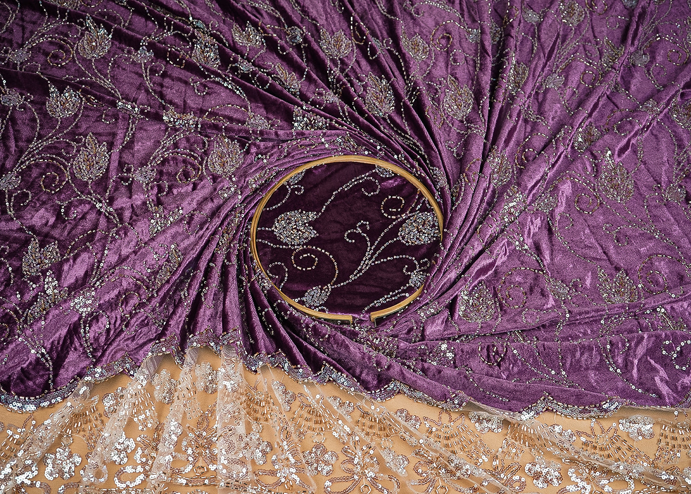 Lavender Velvet Fabric With All Over Buti Of Katdana And Bead With One Side Border 20623