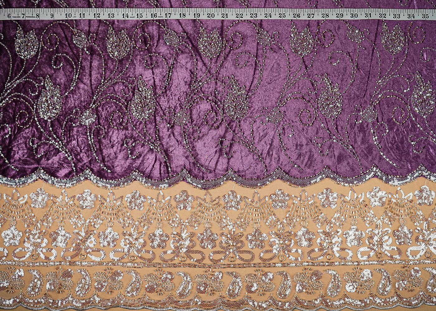 Lavender Velvet Fabric With All Over Buti Of Katdana And Bead With One Side Border 20623