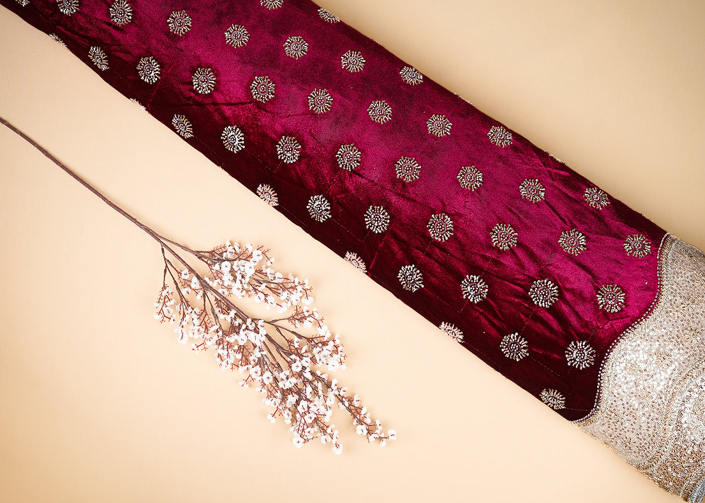 Wine Velvet Fabric With All Over Buti Of Katdana And Bead With One Side Border 20624