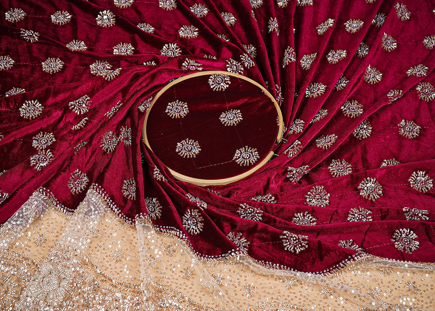Wine Velvet Fabric With All Over Buti Of Katdana And Bead With One Side Border 20624