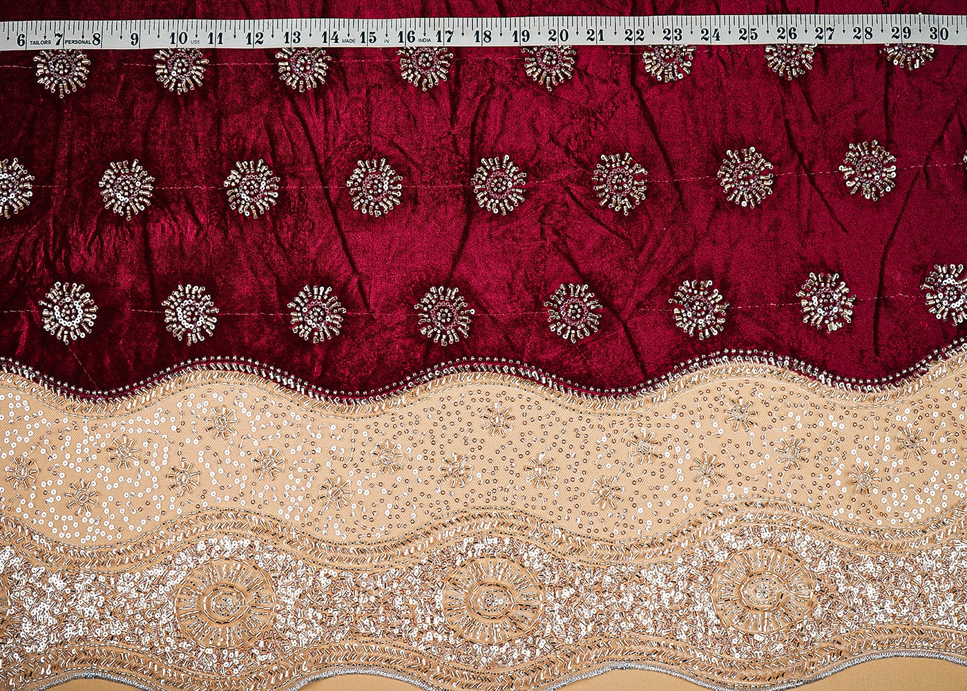 Wine Velvet Fabric With All Over Buti Of Katdana And Bead With One Side Border 20624