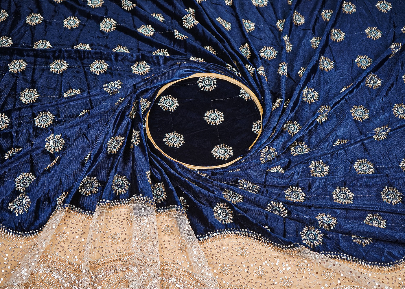Navy Blue Velvet Fabric With All Over Buti Of Katdana And Bead With One Side Border 20625