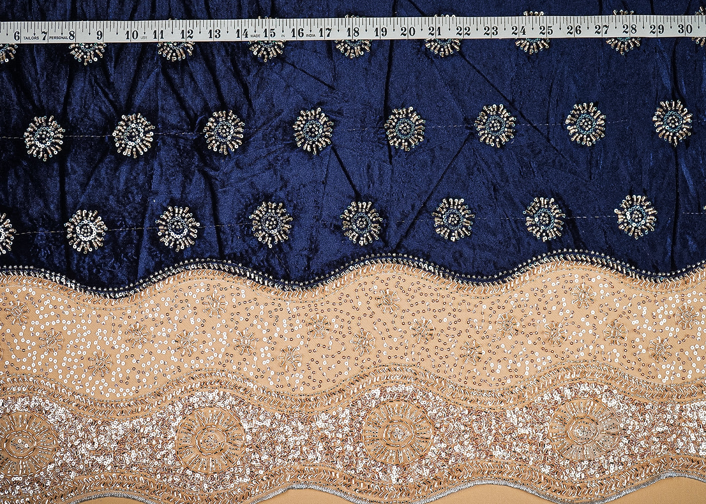 Navy Blue Velvet Fabric With All Over Buti Of Katdana And Bead With One Side Border 20625