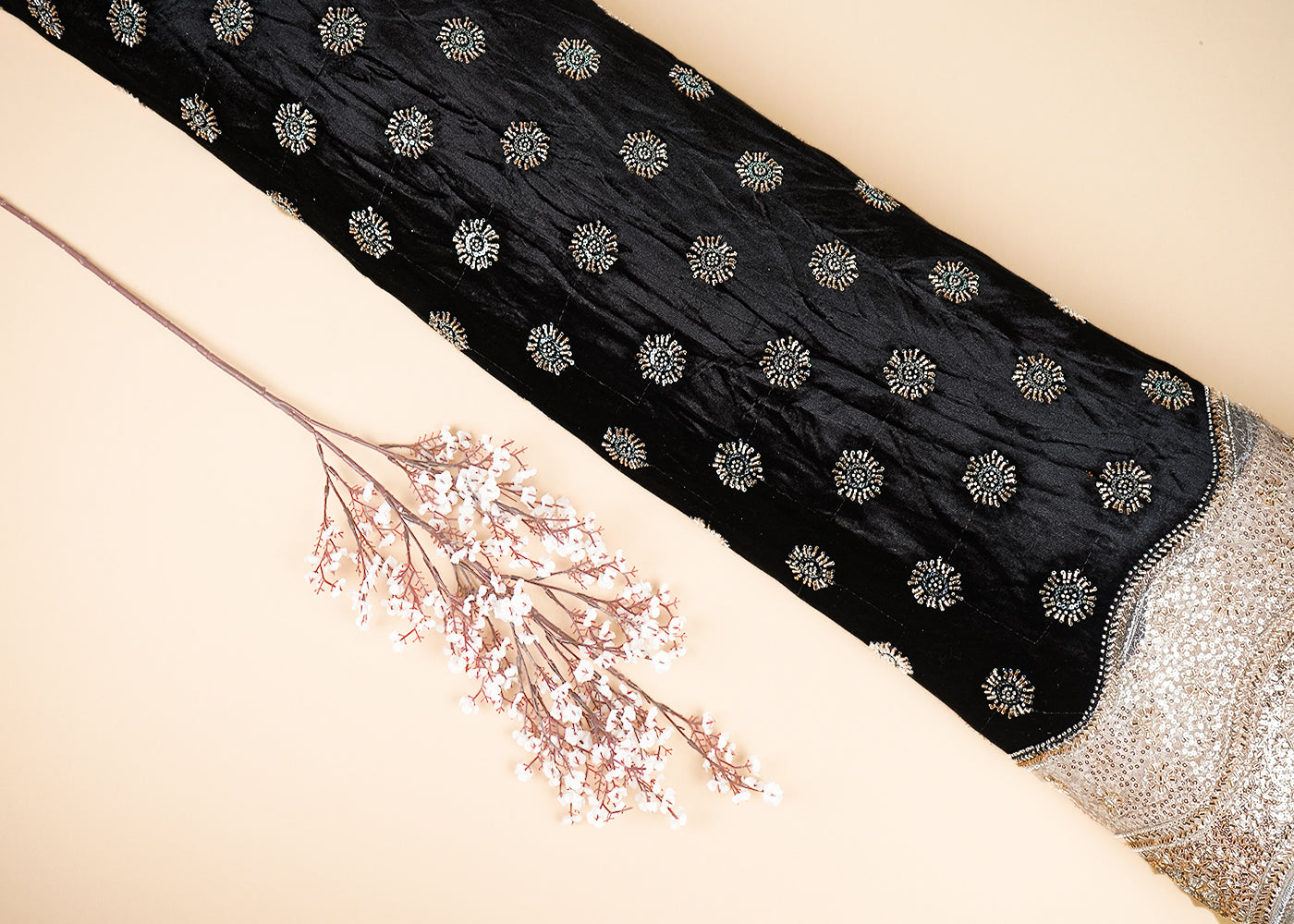 Black Velvet Fabric With All Over Buti Of Katdana And Bead With One Side Border 20626