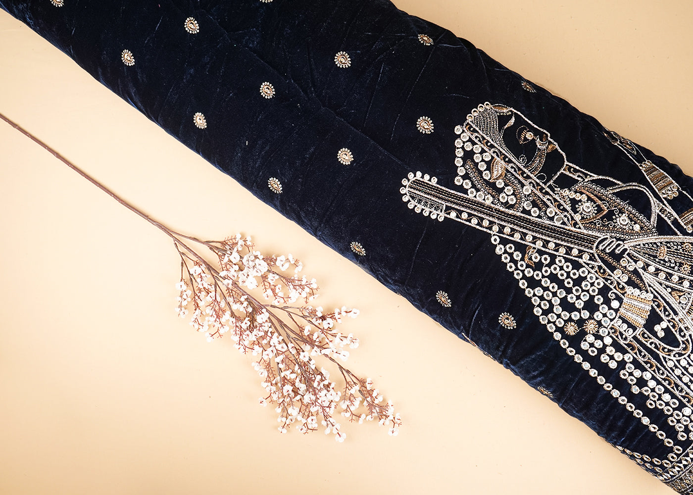 Navy Blue Velvet Fabric With All Over Faux Mirror, Zari And Sequins Work With One Side Heavy Border 20630