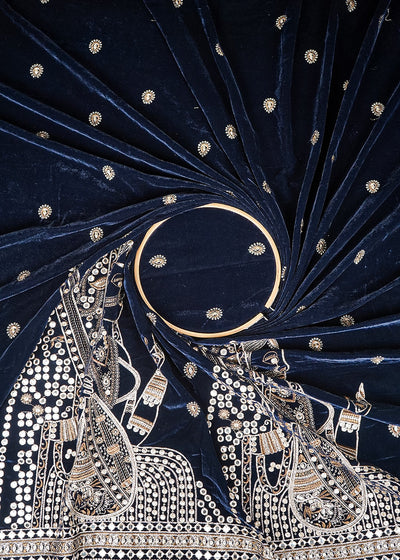 Navy Blue Velvet Fabric With All Over Faux Mirror, Zari And Sequins Work With One Side Heavy Border 20630