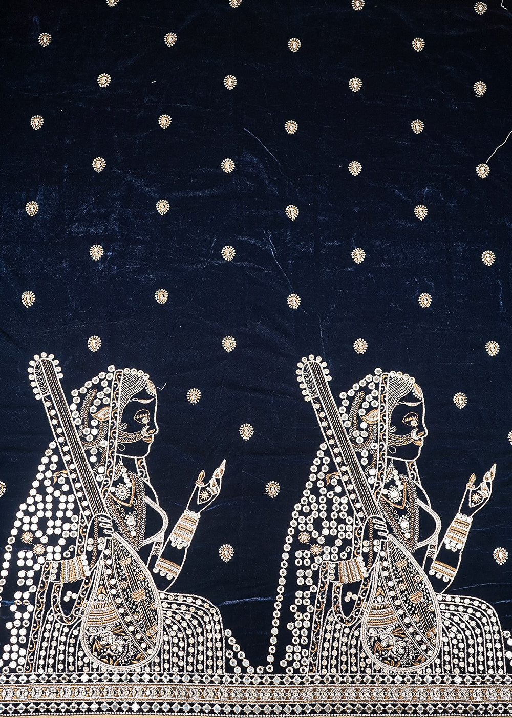 Navy Blue Velvet Fabric With All Over Faux Mirror, Zari And Sequins Work With One Side Heavy Border 20630