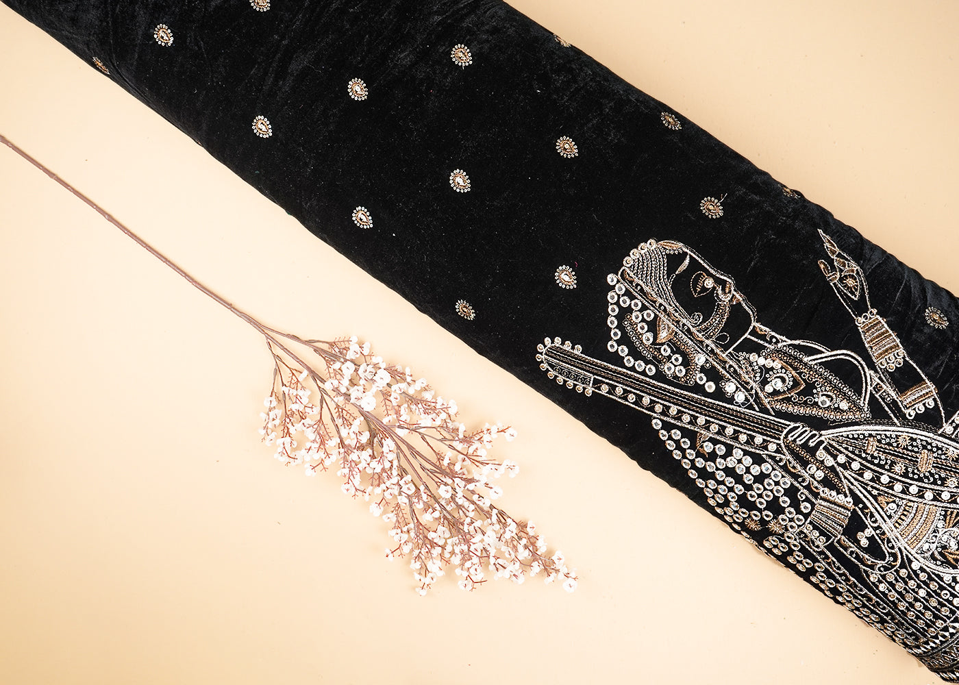 Black Velvet Fabric With All Over Faux Mirror, Zari And Sequins Work With One Side Heavy Border 20631