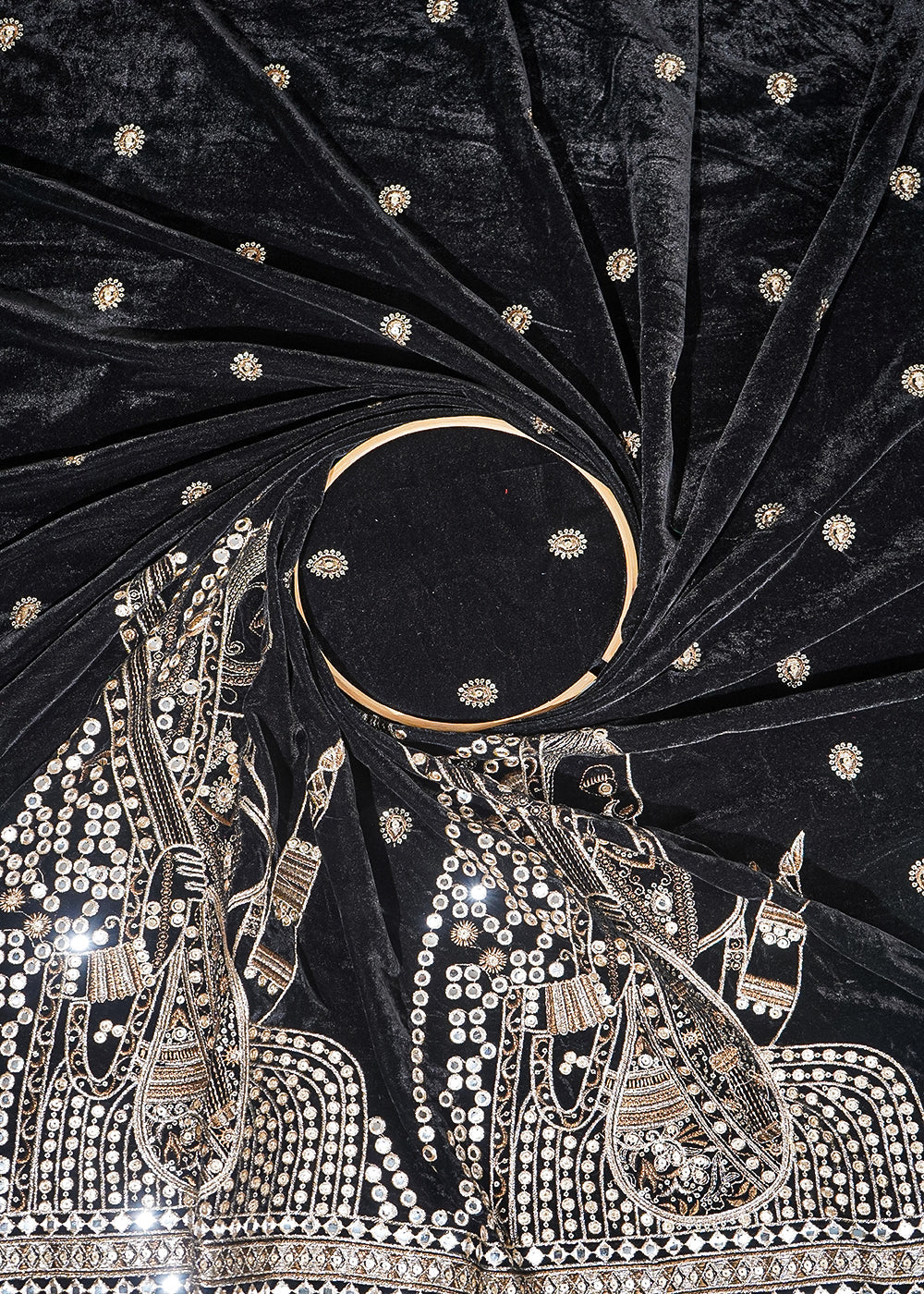 Black Velvet Fabric With All Over Faux Mirror, Zari And Sequins Work With One Side Heavy Border 20631