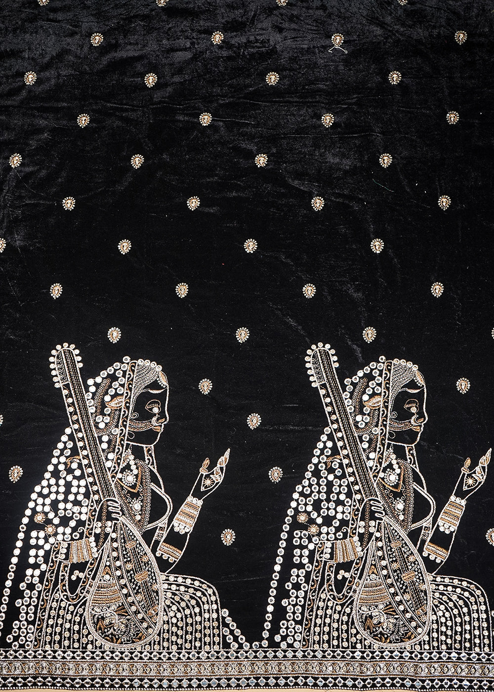 Black Velvet Fabric With All Over Faux Mirror, Zari And Sequins Work With One Side Heavy Border 20631