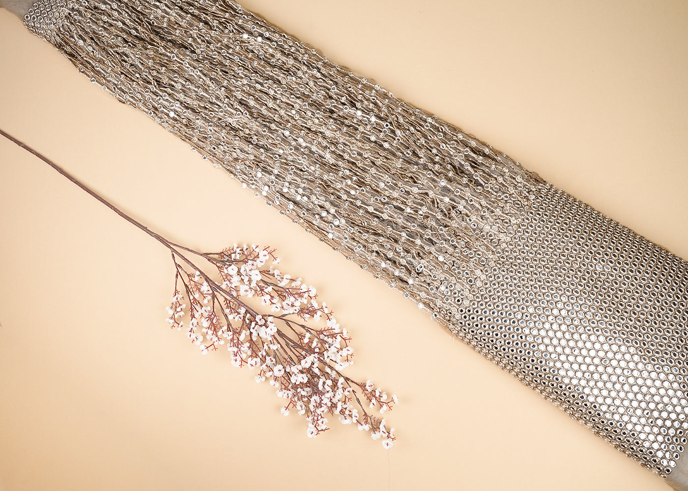 Golden Net Fabric With All Over Laser Cutwork And One Side Border 20632