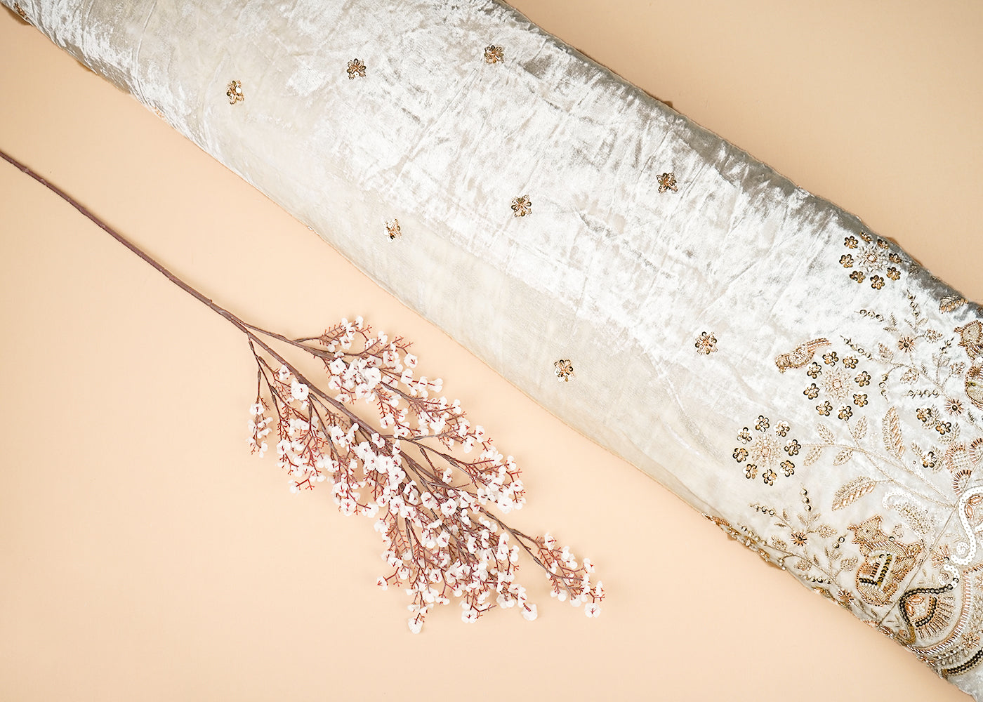 White Velvet Fabric With All Over Buti Of Katdana, Sequins And Bead With One Side Border 20633