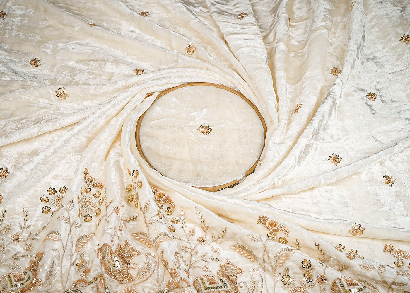 White Velvet Fabric With All Over Buti Of Katdana, Sequins And Bead With One Side Border 20633