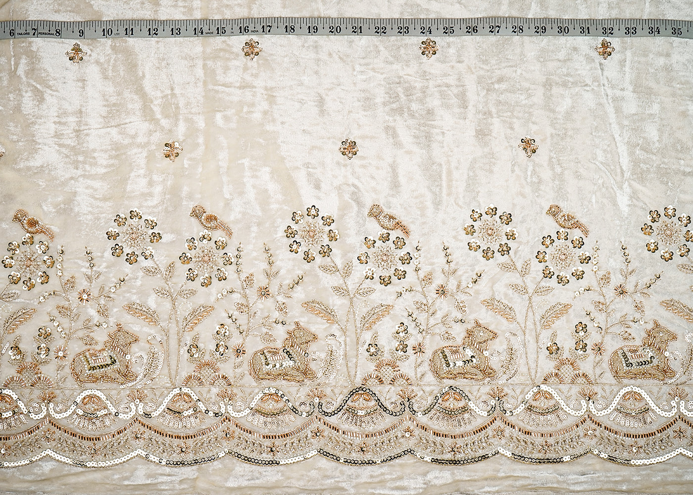 White Velvet Fabric With All Over Buti Of Katdana, Sequins And Bead With One Side Border 20633