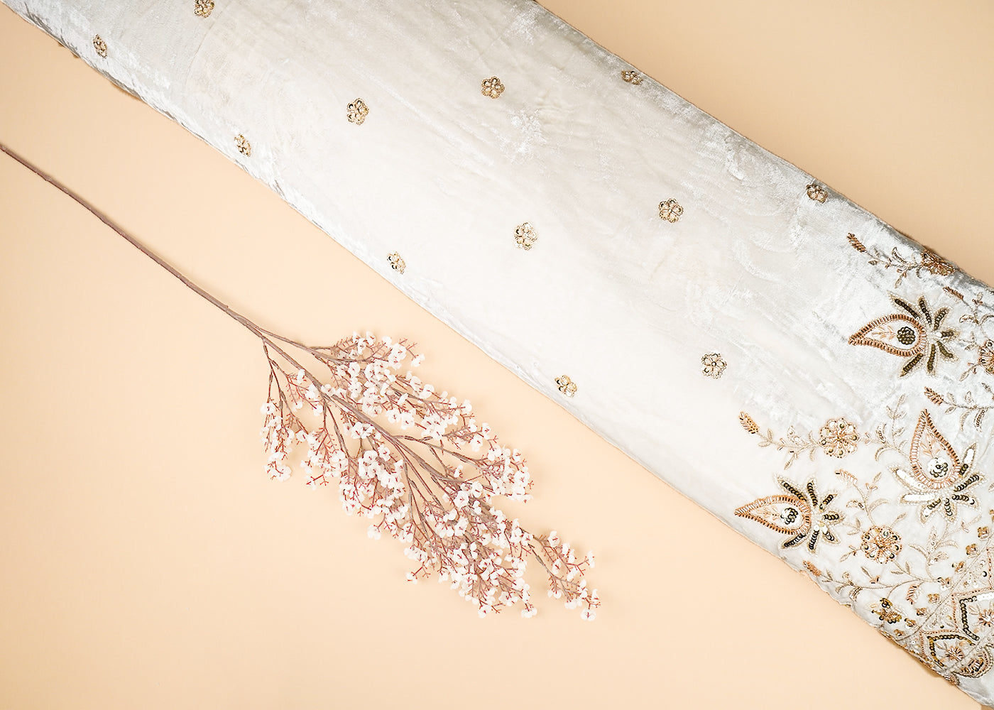 White Velvet Fabric With All Over Buti Of Katdana, Sequins And Bead With One Side Border 20635