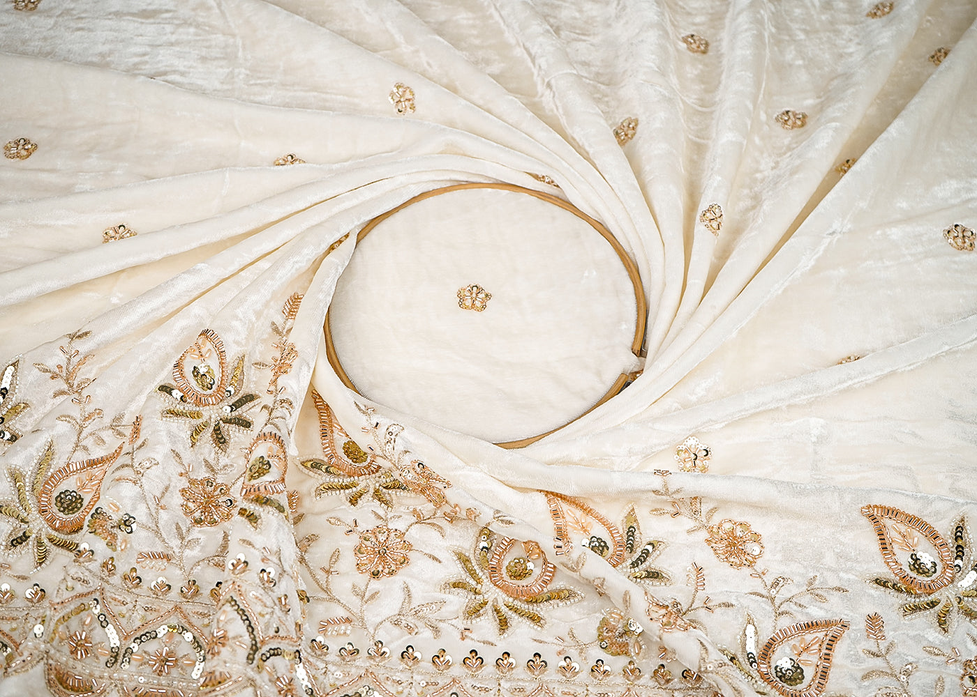 White Velvet Fabric With All Over Buti Of Katdana, Sequins And Bead With One Side Border 20635