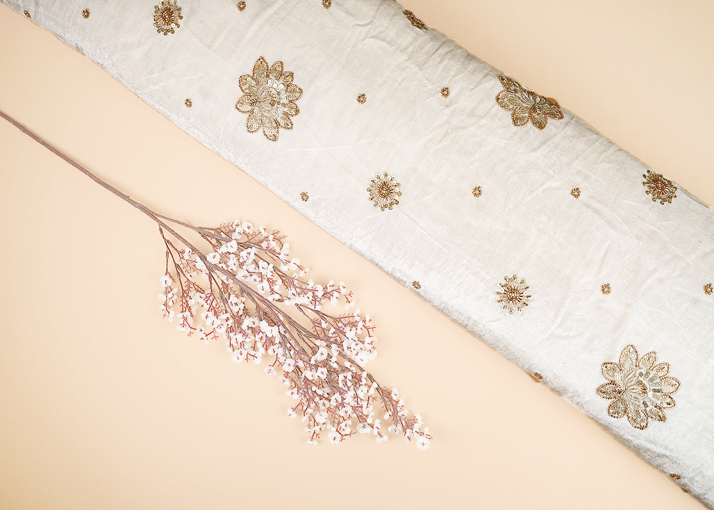 White Velvet Fabric With All Over Buti Of Katdana, Sequins And Bead 20636