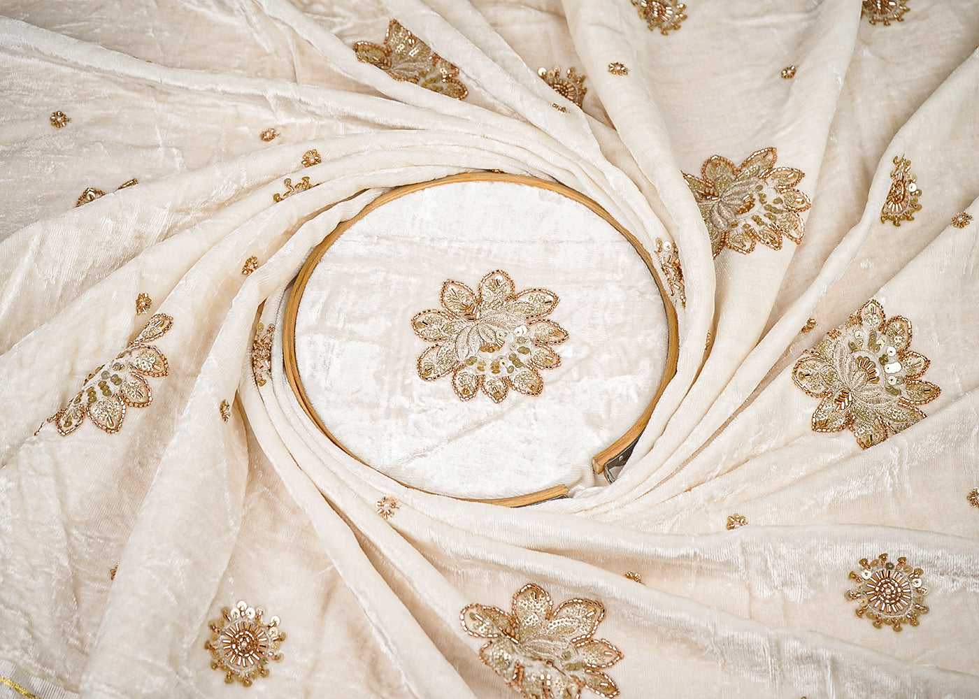 White Velvet Fabric With All Over Buti Of Katdana, Sequins And Bead 20636