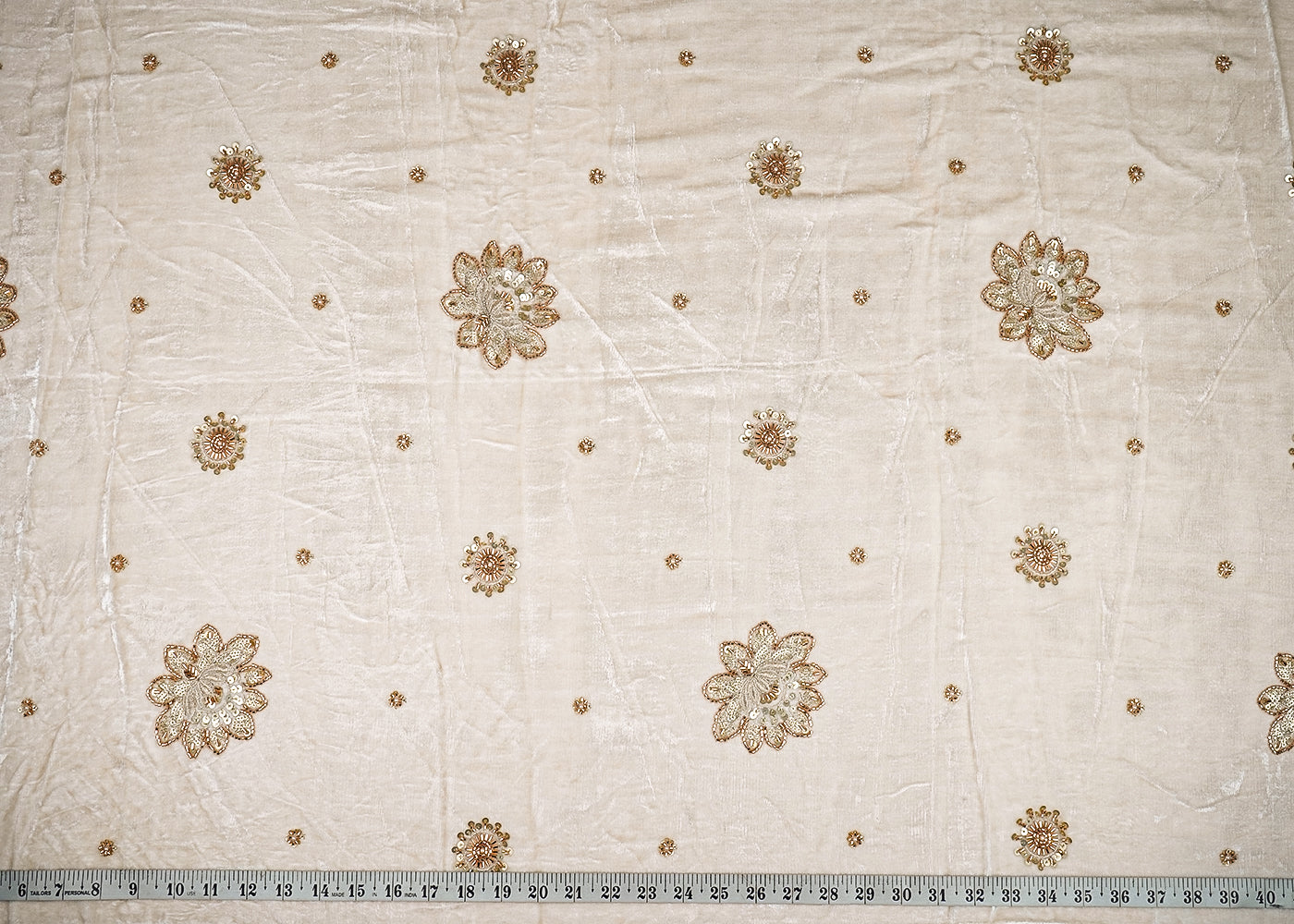 White Velvet Fabric With All Over Buti Of Katdana, Sequins And Bead 20636