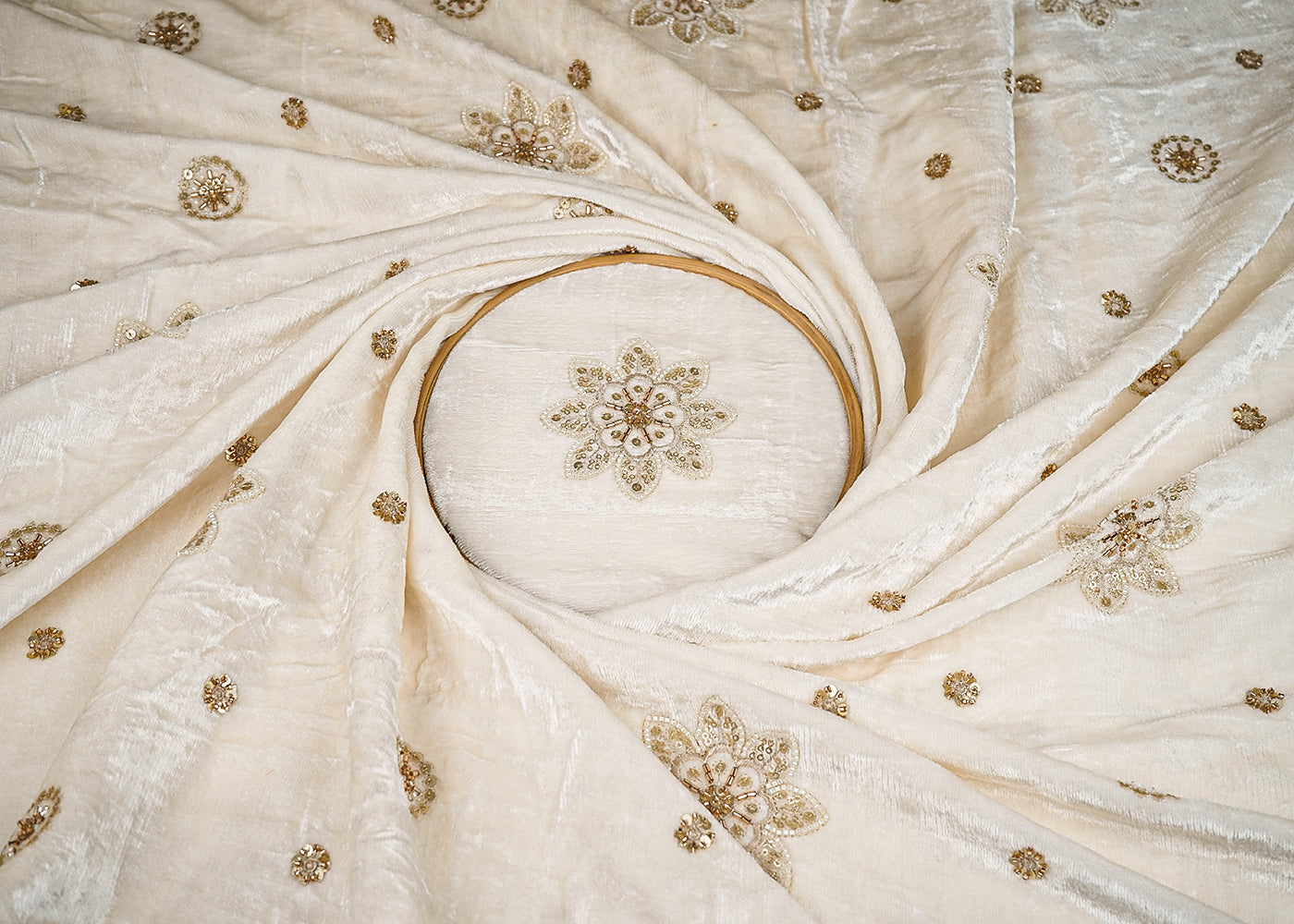 White Velvet Fabric With All Over Buti Of Katdana, Sequins And Bead 20637
