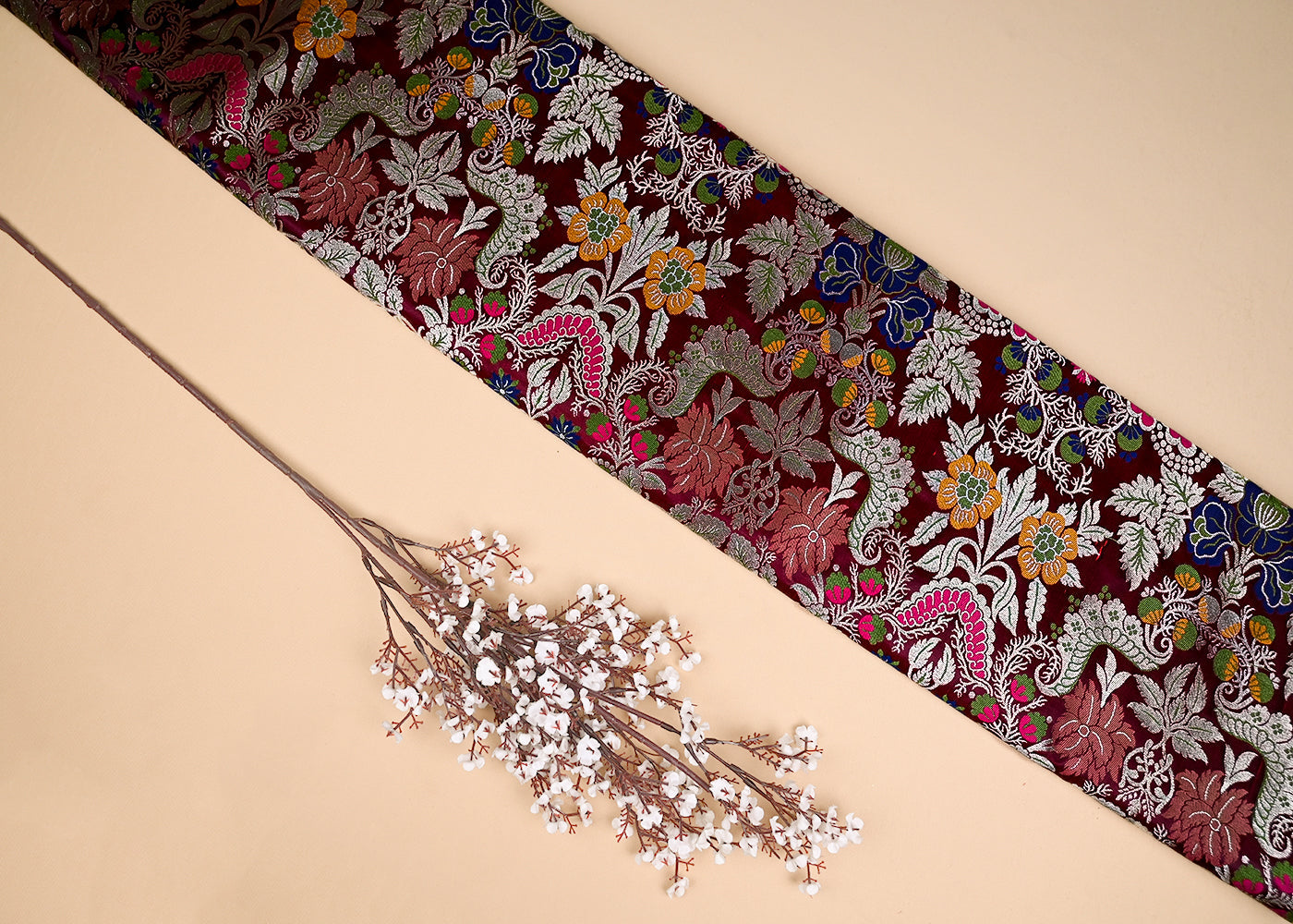 Wine Banarasi Brocade Fabric With All Over Zari And Thread Handloom 20638