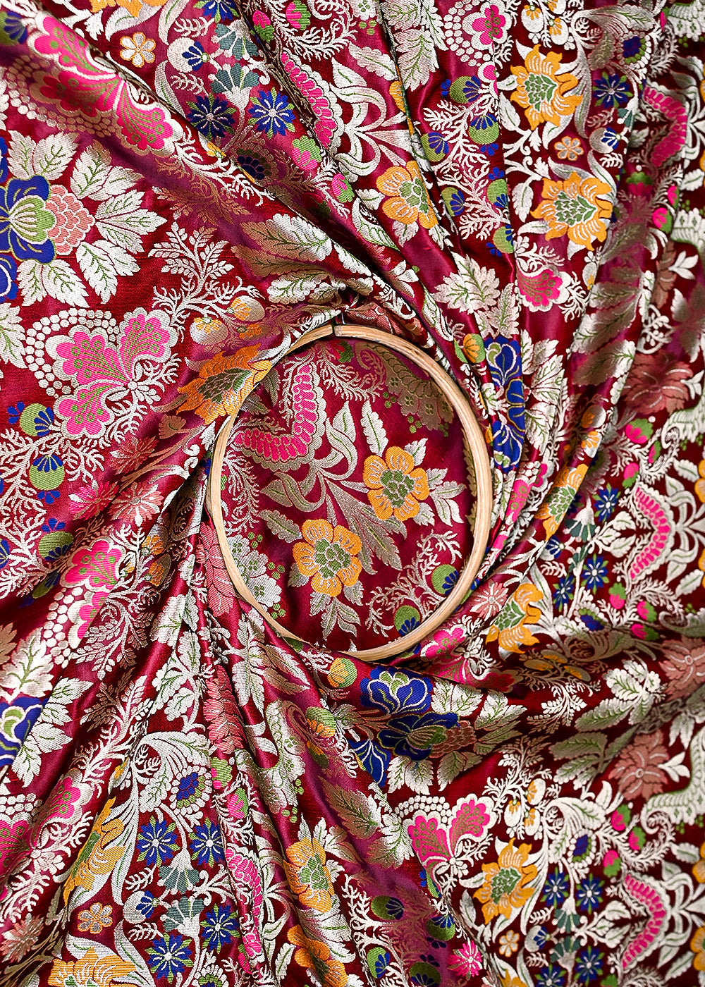 Wine Banarasi Brocade Fabric With All Over Zari And Thread Handloom 20638