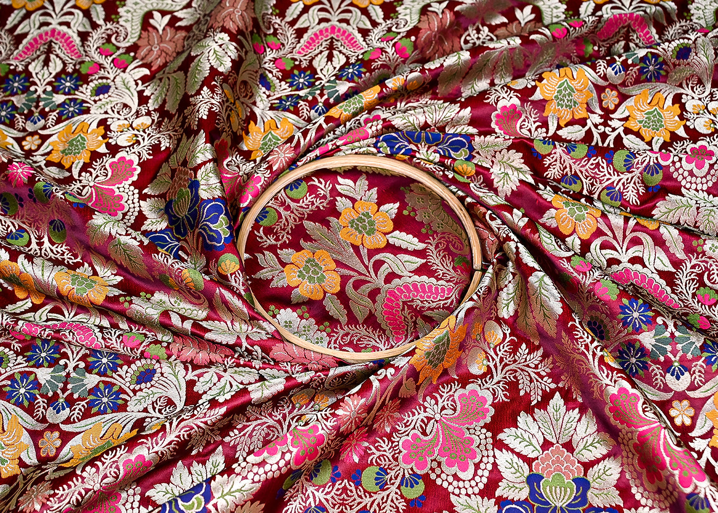 Wine Banarasi Brocade Fabric With All Over Zari And Thread Handloom 20638