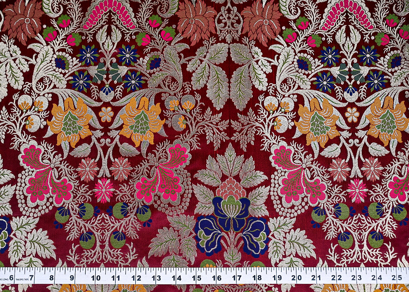 Wine Banarasi Brocade Fabric With All Over Zari And Thread Handloom 20638