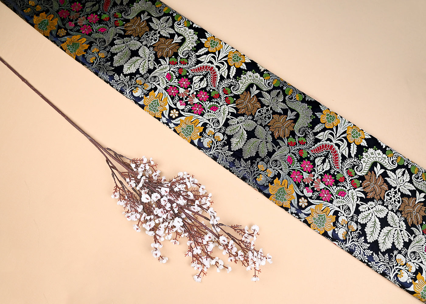 Black Banarasi Brocade Fabric With All Over Zari And Thread Handloom 20639