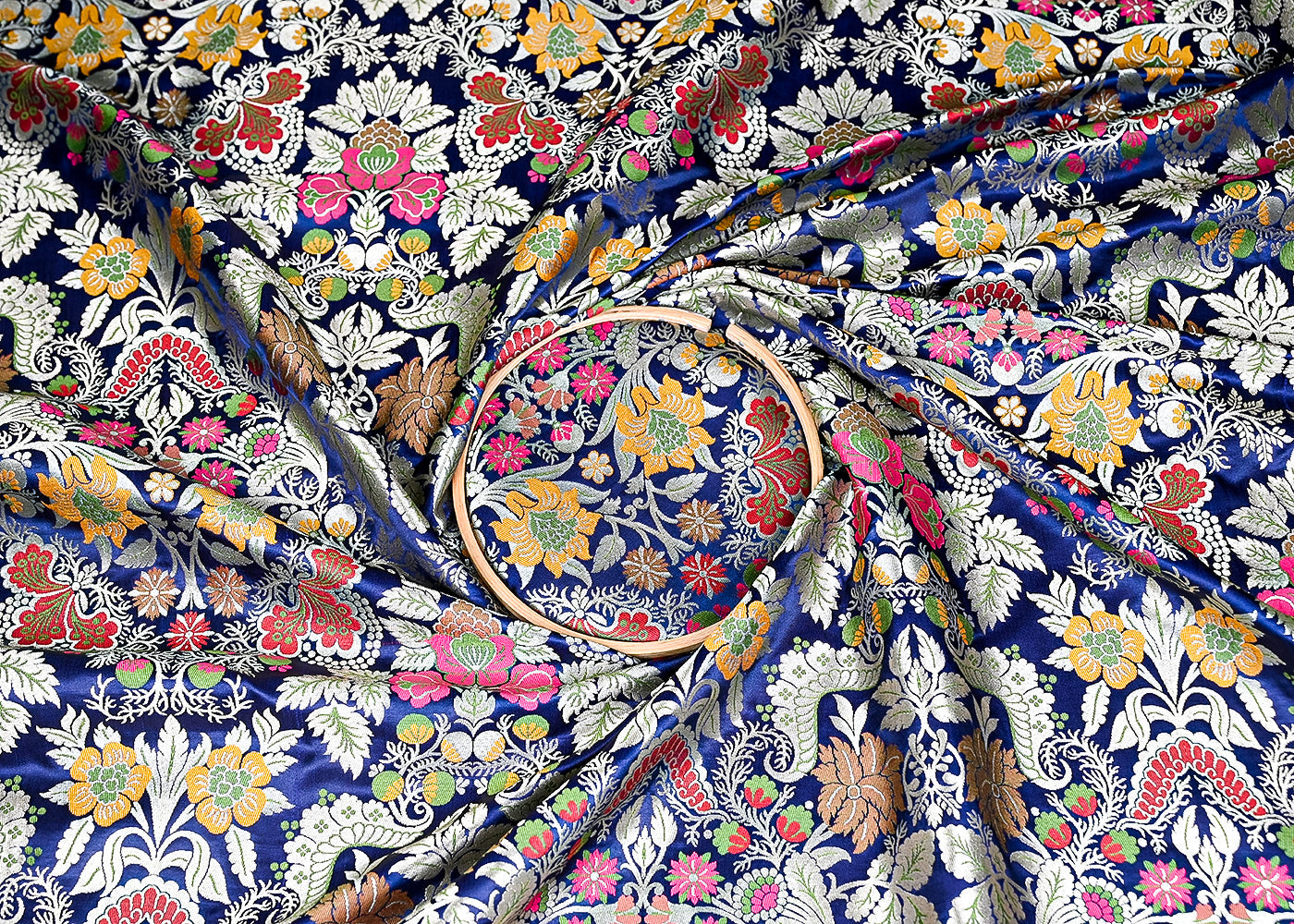 Navy Blue Banarasi Brocade Fabric With All Over Zari And Thread Handloom 20641